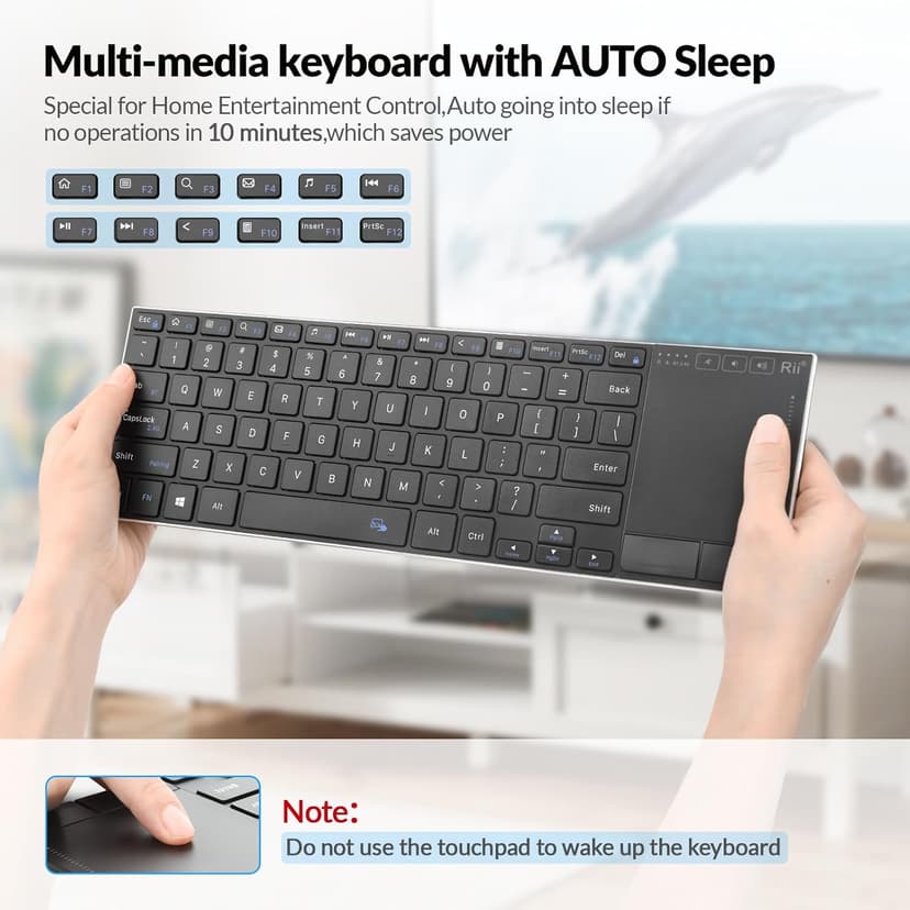 Rii Wireless Bluetooth Keyboard,Multi Device Rechargeable Stainless Steel Ultra Slim Keyboard with Multi-Touch Touchpad,Compatible with PC, Mac, Laptop(2.4G+BT New)