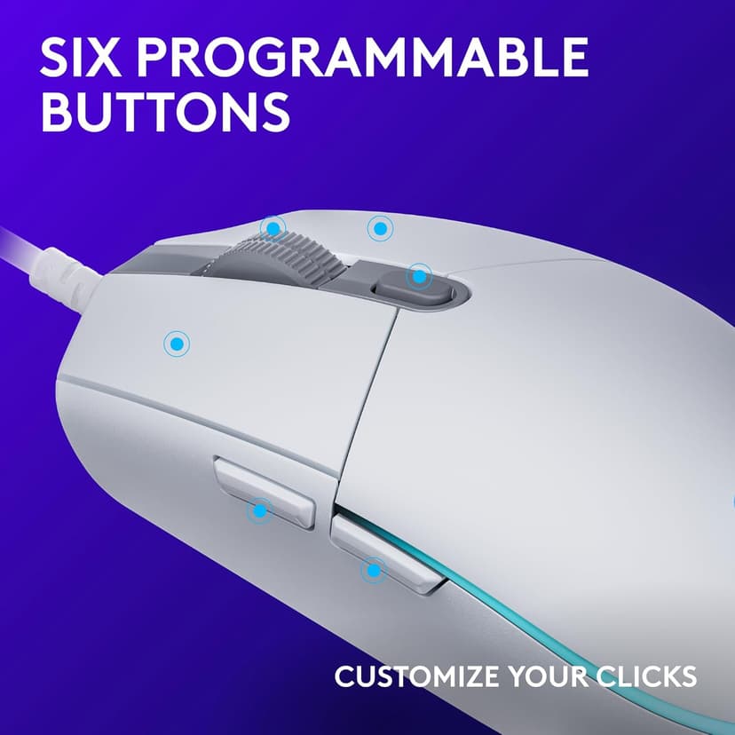 Logitech G203 Wired Gaming Mouse, 8,000 DPI, Rainbow Optical Effect LIGHTSYNC RGB, 6 Programmable Buttons, On-Board Memory, Screen Mapping, PC/Mac Computer and Laptop Compatible - White