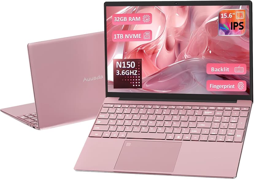 32GB RAM 1TB SSD Pink Laptops Computer, N150 up to 3.60GHz, 15.6" FHD Display, 8000mAh Battery, Backlit Keyboard, Fingerprint, Win11 Pro for School, Zoom, Streaming, and Travel 2 Year Warranty