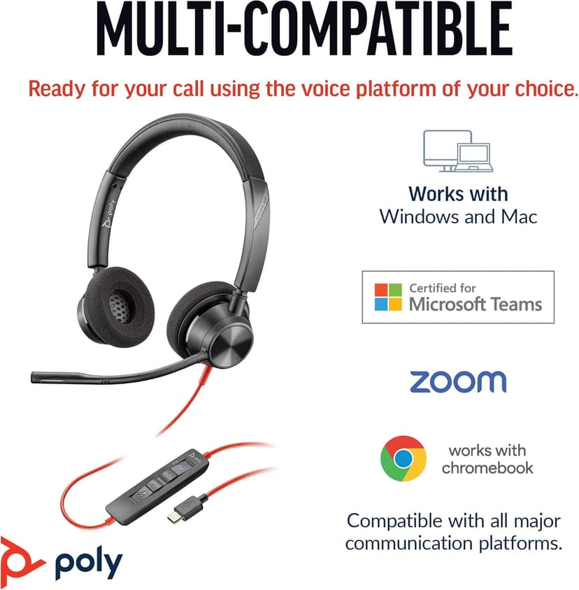 Poly Blackwire 3320 Wired Headset (Plantronics)– Flexible Microphone Boom – Hi-fi Stereo - Connect to PC/Mac via USB-C or USB-A - Certified for Microsoft Teams - Amazon Exclusive