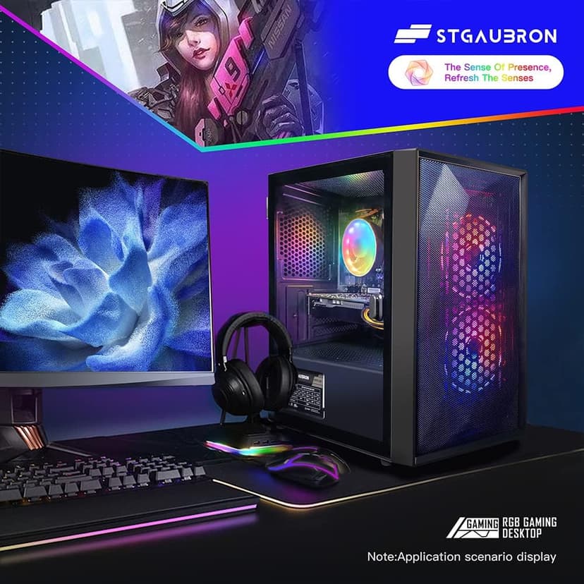 STGAubron Gaming PC Desktop Computer, Intel Core i5 up to 3.7GHz, GeForce RTX 2060 6G, 16G RAM, 512G SSD, WiFi, Bluetooth 5.0, RGB Fan x2, RGB BT Sound Bar, Windows 10 Home