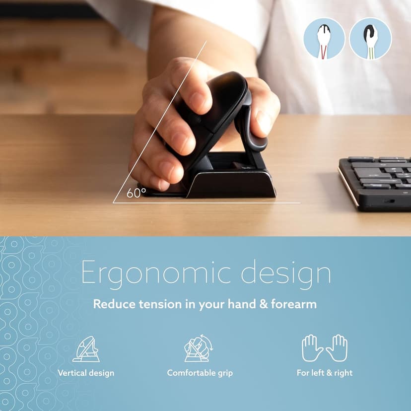 R-Go Twister Ambidextrous Mouse, Foldable design, Ergonomic vertical, With Break Software, Duo connection(Bluetooth&usb C), Silent Click, Prevents Tennis Elbow/RSI, For Windows/Mac, Black