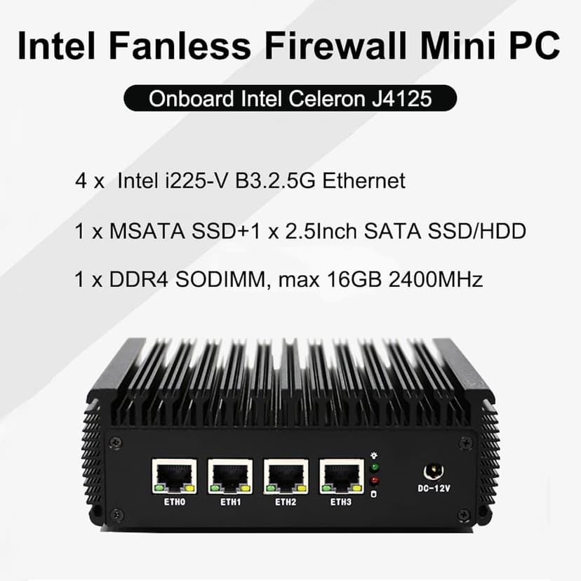 4X 2.5GbE Intel I225-V Ethernet Firewall Appliance Mini PC, Intel Celeron J4125 AES-NI VPN Router PC HDMI VGA 4GB RAM 64GB MSATA SSD