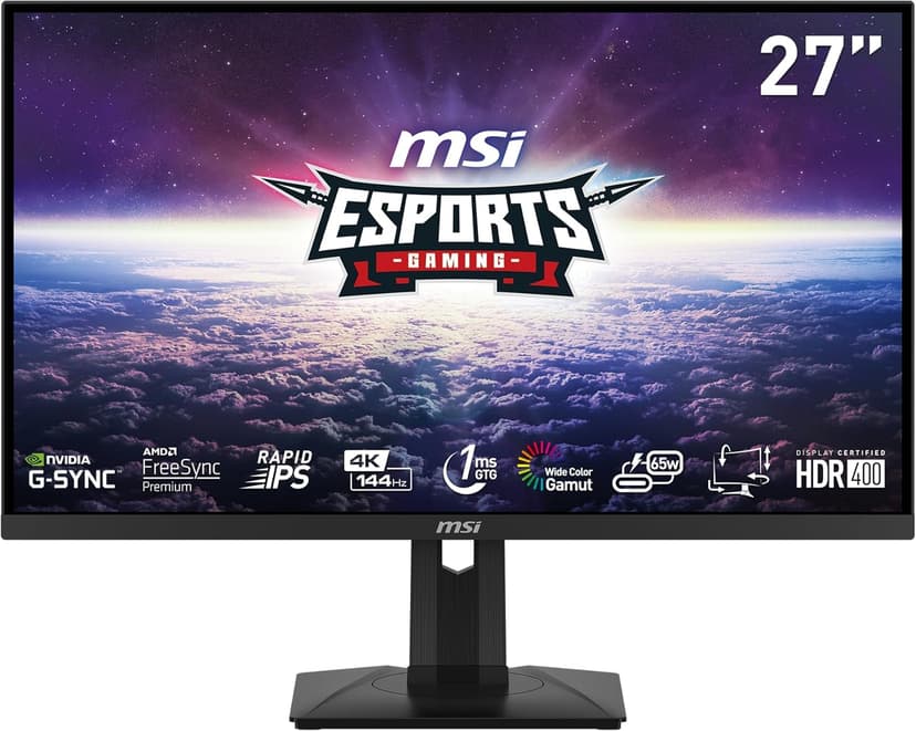 MSI MAG274UPF, 27" 3840 x 2160 (UHD), 4K Rapid IPSGaming Monitor, 1 ms, 144Hz, FreeSync Premium, HDR400, G-Sync Compatible, HDMI, DisplayPort, Tilt, Swivel, Pivot and Height Adjustable.,Black