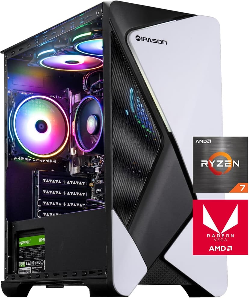 Gaming Desktop PC – AMD Ryzen7 5700G 3.8GHz, AMD Radeon Graphics（Integrated ）, 1TB NVME PCIe Gen4 SSD, 16GB DDR4 RAM 3200, 550W PSU, Windows 11 Home 64-bit Pre-Built PC（White & Black）