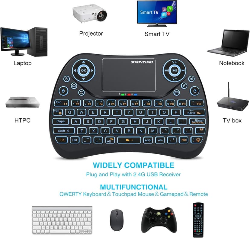 Mini Wireless Keyboard with Touchpad Mouse, 2.4GHz Portable Handheld Keyboard with QWERTY Keypad,RGB Backlit,Rechargeable Battery for Android TV Box/Mac/PC/Nvidia Shield