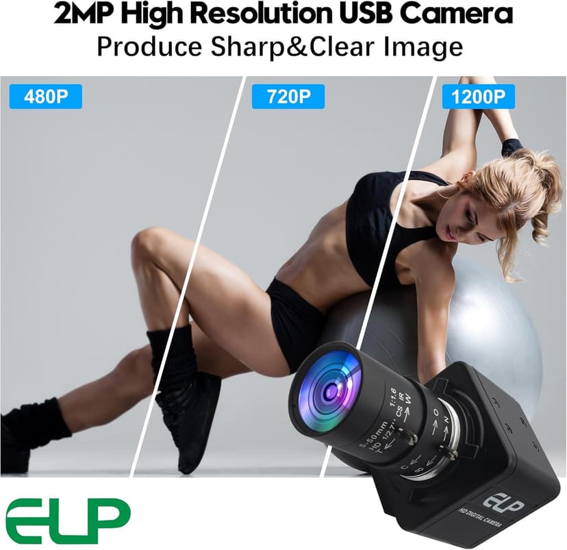 ELP Global Shutter USB Webcam - 1080P 90fps, Manual Zoom, Variable Focus, AR0234 Close-up Camera for Laptop
