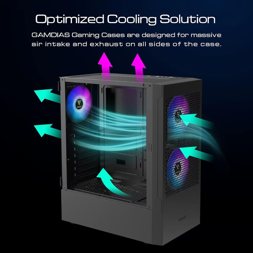 GAMDIAS Gaming ATX Mid Tower PC Computer Case with Tempered Glass, 3 Built-in 120mm ARGB Desktop Case Fans, Support Up to 360mm AIO/Radiator, 5x 120mm Fans, 300mm GPU/VGA, 150mm PSU & 160mm CPU Cooler