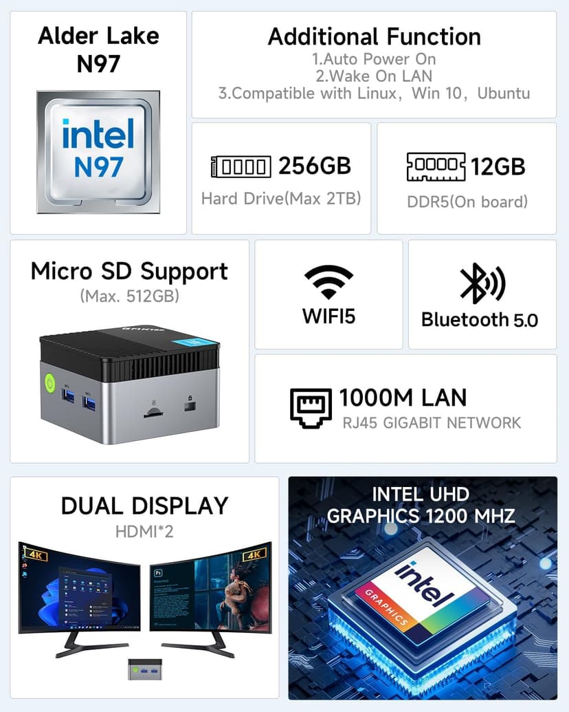 GMKtec Mini PC NucBox G5, Intel 12th Gen Alder Lake N97 (up to 3.6GHz), 12GB RAM 256GB M.2 SSD, Home, Business, Office Mini Computer, 4K UHD Dual HDIMI, RJ45 Ethernet