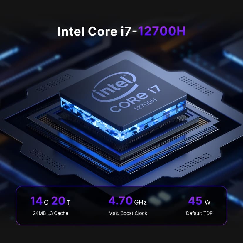 P2 Mini PC，Intel Core i7 12700H Mini Computers (14 Cores/20 Threads, up to 4.7GHz) 32GB RAM, 512GB NVMe SSD, Triple Display, Thunderbolt 4 & HDMI & DP1.2, Dual LAN, WiFi 6E, BT 5.2