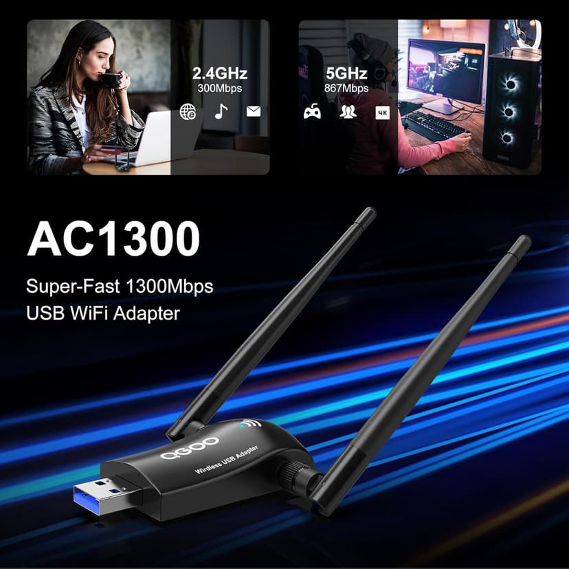 Wireless WiFi Adapter for Desktop PC - QGOO AC1300Mbps USB 3.0 Network Dongle with 5dBi High Gain Dual Antennas, 2.4GHz/5GHz Dual Band for Laptop Computer Compatible Windows11/10/8