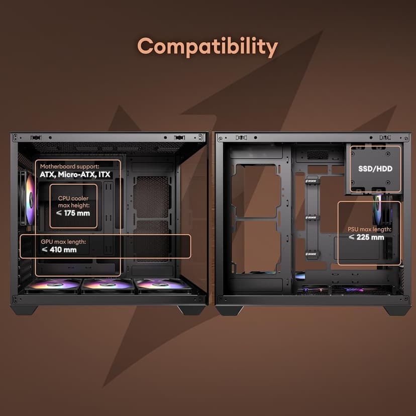 Genuine Walnut Wood PC Case, Pre-Installed 4 x 120mm ARGB & PWM Fans, Type-C Port, Panoramic View Tempered Glass Side Panel, Black, ATX Case, Mid-Tower, Mirage 6