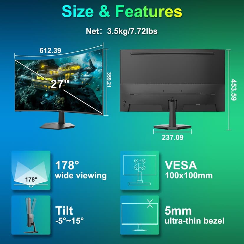 SANSUI Curved Monitor 27 inch 100Hz USB Type-C Computer Monitor with Speakers Built in丨FHD 1080p丨HDR丨110% sRGB丨1500R丨VESA Compatible,for Tablet,Desktop,Laptop and PC Work Gaming (ES-27C1)