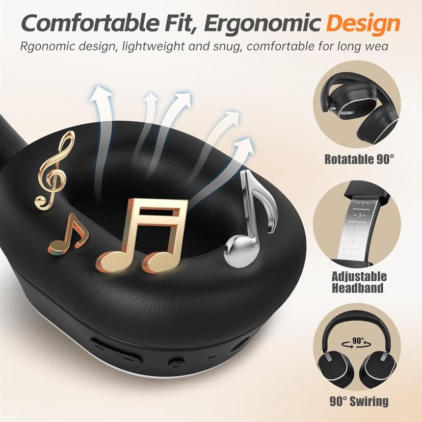 Hybrid Active Noise Cancelling Headphones, Wireless Over Ear Bluetooth Headphones, Foldable Wireless Headset, 60H Playtime, Hi-Res Audio, Deep Bass, Memory Foam Ear Cups, Perfect for Travel & Office