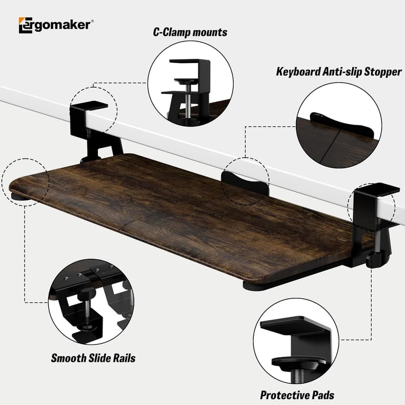 Keyboard Tray Under Desk, Pull Out Keyboard Tray with C Clamp Mount, 25.6" x 11.8" Slide-Out Platform Computer Drawer for Typing, Keyboard & Mouse Tray, Rustic Brown