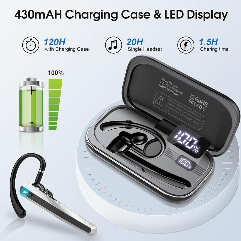Bluetooth Headset V5.3, Wireless Headset with ENC Noise Canceling Mic, 120Hrs Talk Single-Ear Bluetooth Earpiece, LED Display, IP7 Waterproof Hand-Free Earphone for Business/Trucker/Driver