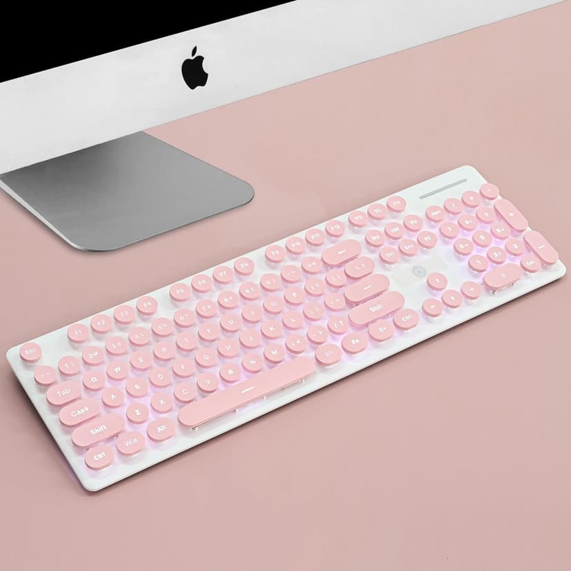 Wired Quiet Membrane Keyboard,Full Size 104-Keys Retro Punk Typewriter White LED Backlit ，USB Ultra Slim Gaming Keyboard with ABS Round keycaps for Windows/PC/Laptop (Pink)