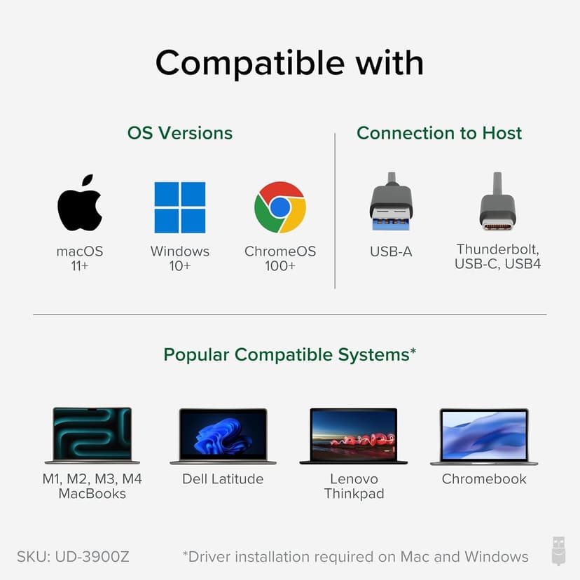 Plugable USB 3.0 and USB-C Universal Laptop Docking Station with 2 HDMI Ports for Windows, Mac (Driver Required), and ChromeOS. Gigabit Ethernet, Audio