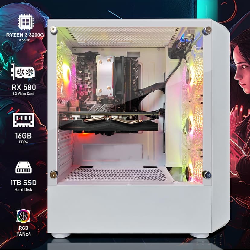 STGAubron Gaming PC Desktop Computer, AMD Ryzen 3 3200G 3.6 GHz, Radeon RX 580 8G GDDR5, 16G DDR4, 1T SSD, 600M WiFi, BT 5.0, RGB Fan x 4, Windows 11 Home