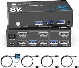 8K HDMI KVM Switch 2 Monitors 2 Computers, 8K@60Hz Dual KVM Switch for 2 Computers Sharing 2 Monitors, Keyboard, Mouse, Hard Drives, Printer, with EDID Adaptive, 2*USB Cables, and Controller.