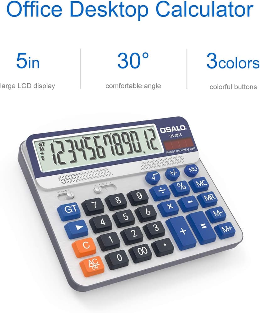 Desktop Calculator Extra Large 5in LCD Display 12-Digit Big Button Giant Accounting Calculator, Battery & Solar Powered, for Office Business & Home(OS-6815)