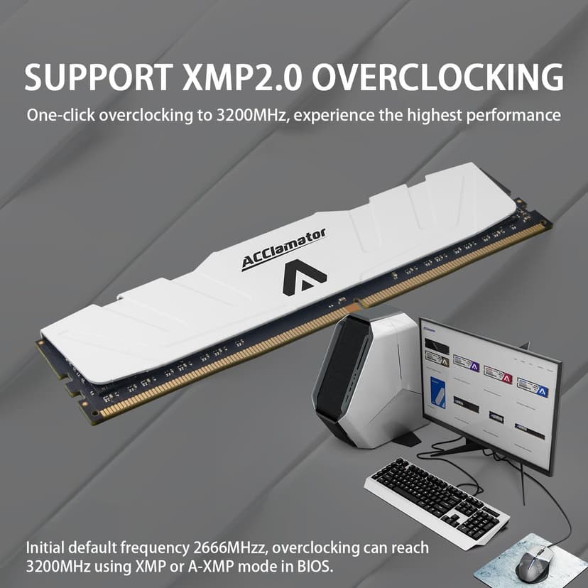 DDR4 RAM 32GB (2x16GB) 3200MHz PC4-25600 XMP CL18 1.35V 288-pin Desktop PC Memory Module with Heatsink White Acclamator Ounce Series
