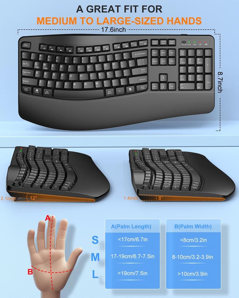 EDJO Ergonomic Wireless Keyboard with Wrist Rest, Wave Keys, for Large Hands, 2.4GHz Full Size Ergo Cordless USB Computer Keyboard, Comfortable Natural Typing, for Laptop, Mac, Windows (Black)