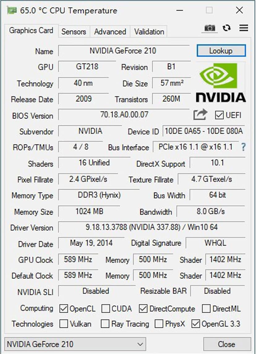 GeForce GT 210 1024 MB DDR3 Low Profile Graphics Card, PCI Express 1.0 x16, Entry Level GPU for PC, SFF and HTPC (HDMI/VGA)