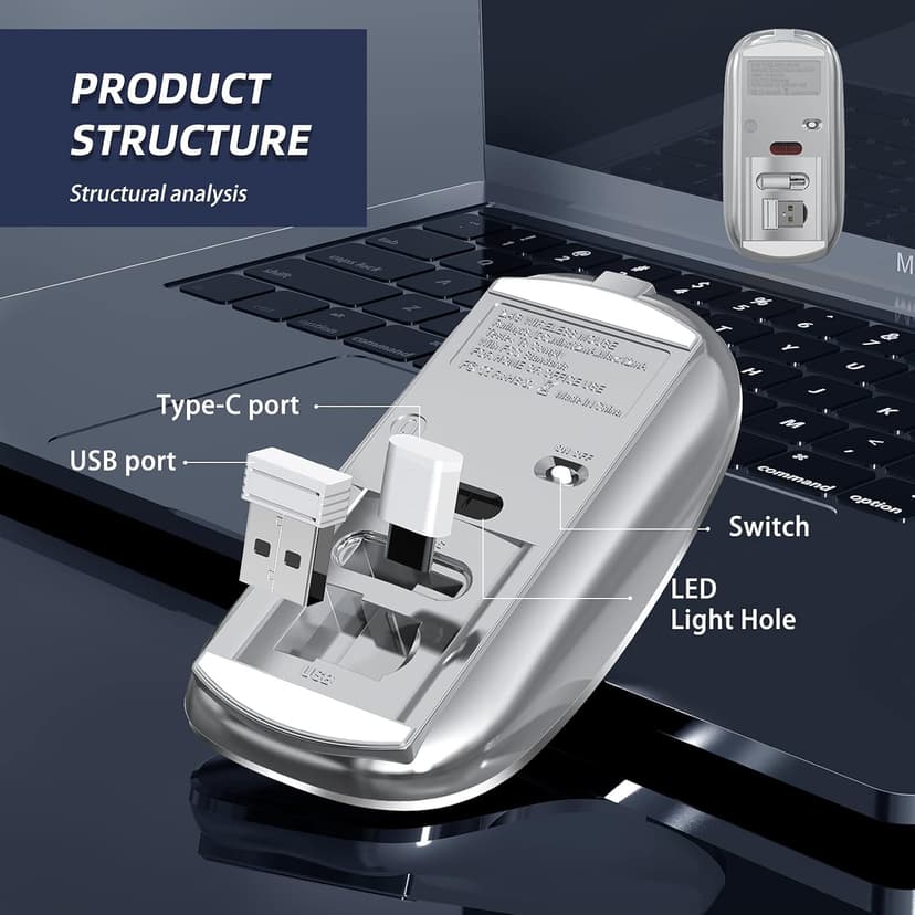 Wireless Mouse Chargeable Portable Silent USB and Type-C Dual Mode Wireless Mouse 3 Adjustable DPI for Laptop, Mac, Android, PC (Q23S Black) (Grey)