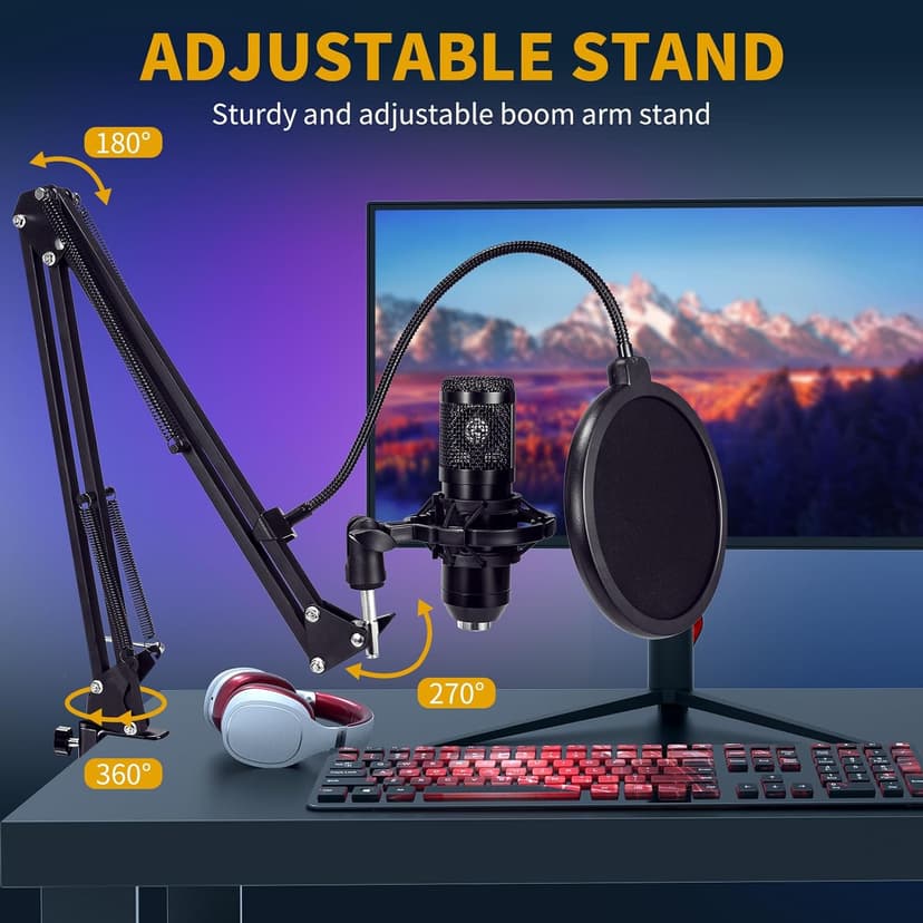 AMOOX Condenser Microphone,Professional USB Microphone Plug & Play PC Computer Microphone Condenser Cardioid Mic Kit with Adjustable Boom Arm Stand Shock Mount,for Podcast,Streaming,YouTube，Tiktok