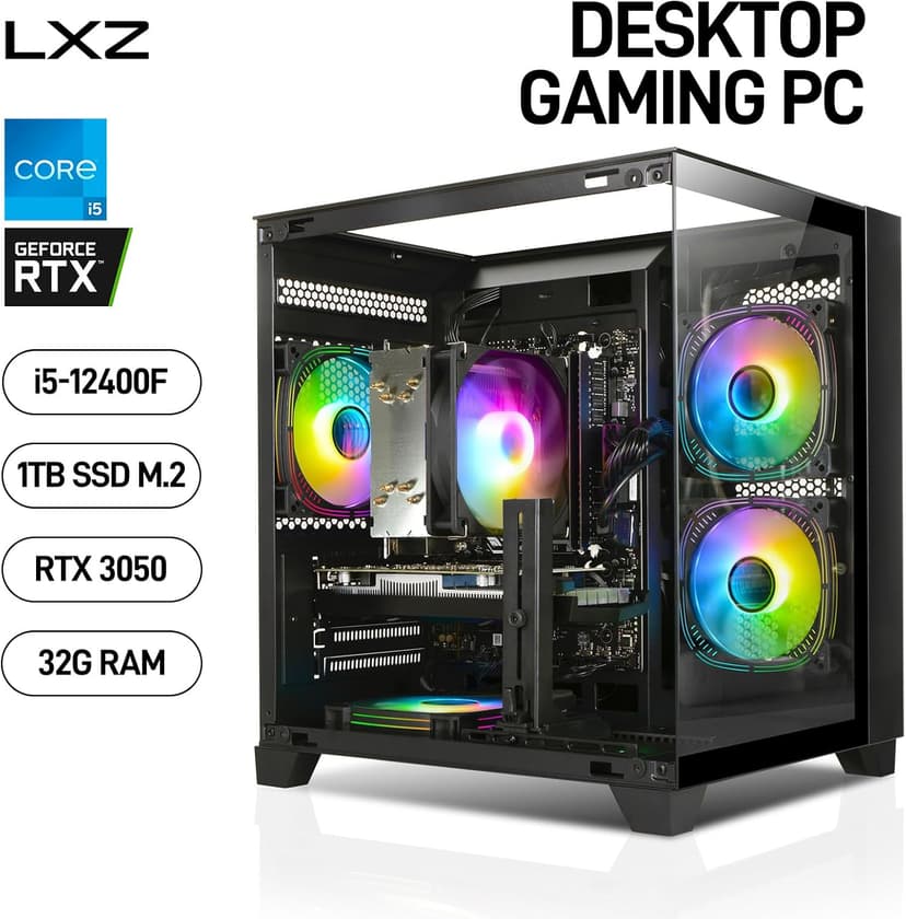 Gaming PC, Prebuilt Desktop with Intel 12th Core i5-12400F & GeForce RTX3050, 32G DDR4 RAM, 1TB NVME SSD, Tower Computer for Gaming, Home and Office (Black)