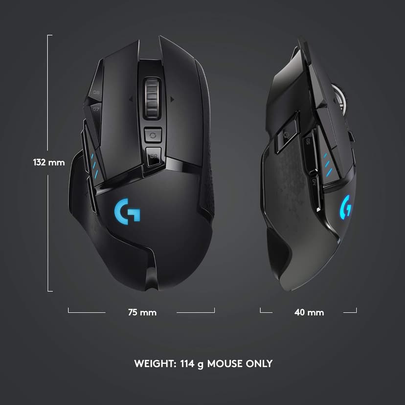 Logitech G502 Lightspeed Wireless Gaming Mouse with Hero 25K Sensor, PowerPlay Compatible, Tunable Weights and Lightsync RGB - Black