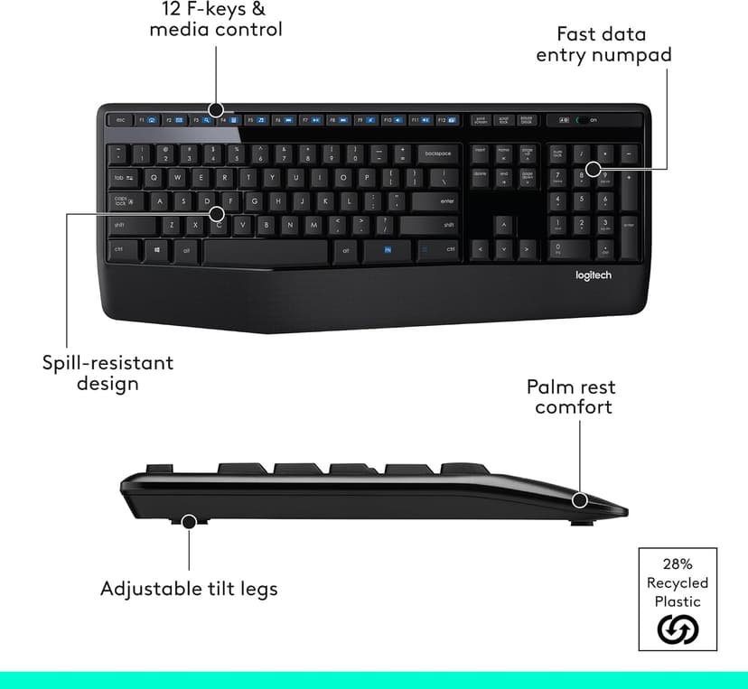 Logitech MK345 Wireless Keyboard and Mouse Combo with Palm Rest, 2.4 GHz USB Receiver, Compatible with PC, Laptop, Black