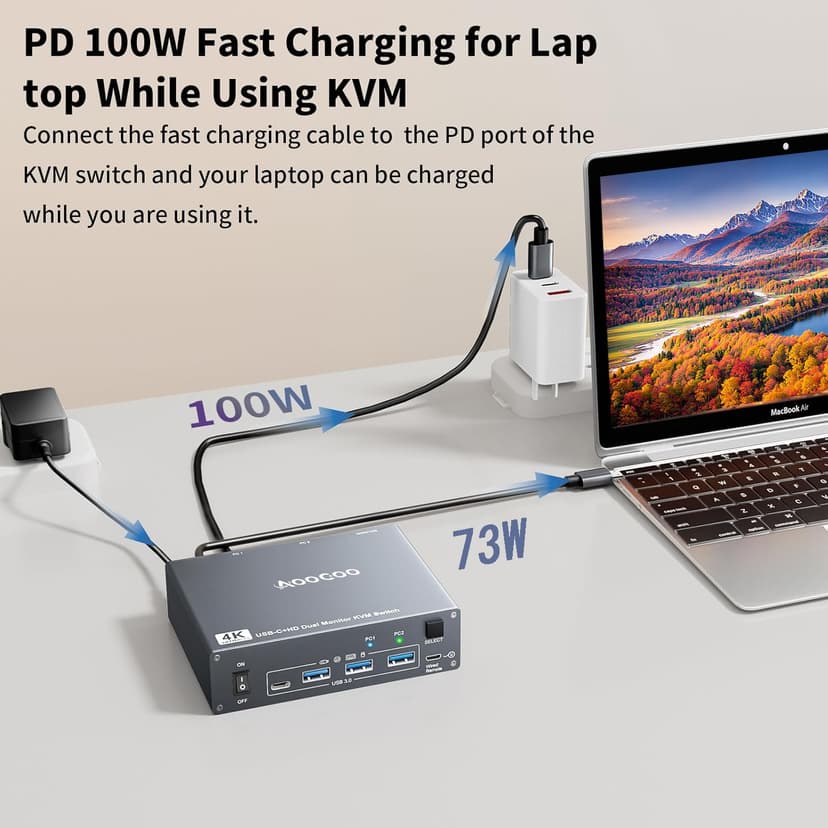 USB C KVM Switch 4K@60Hz,Dual Monitor USB C HDMI KVM Switch for 1 PC and 1 Laptop Sharing 2 Monitor and 4 USB3.0 Devices, PD Power for Laptop with Wired Remote Control and USB Cables Included