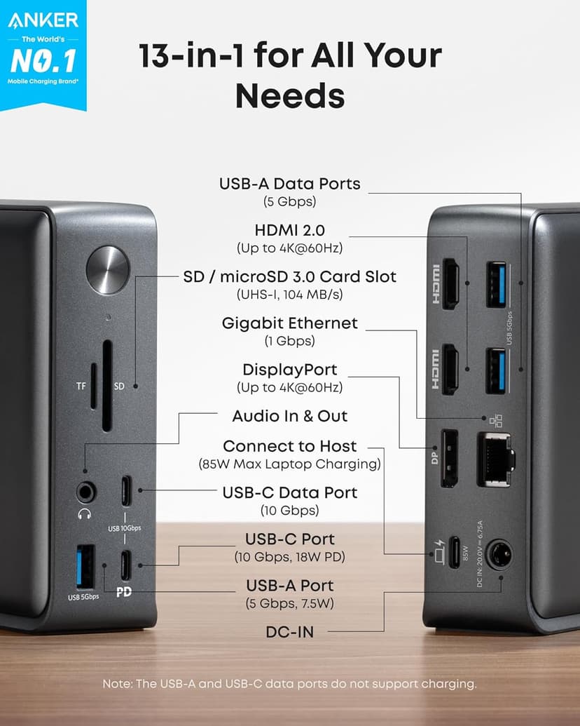 Anker Laptop Docking Station, 13-in-1 USB-C Docking Station, Triple Display with 2 x 4K HDMI and 1 x DP, 85W Charging for Laptop, 10 Gbps USB-C and 5 Gbps USB-A Data, Ethernet, Audio, SD