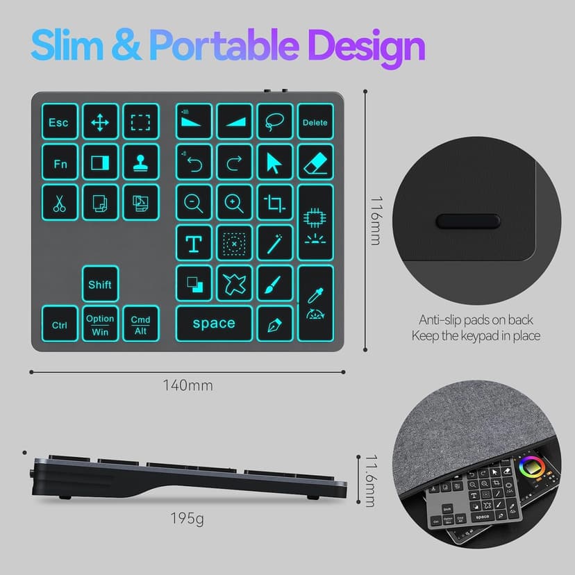 Doohoeek Bluetooth Shortcut Keyboard for Adobe Photoshop for PC Computer, Desktop, iPad & MacBook, PS Shortcut Hotkeys Keypad Rechargeable with 7-Color Backlit Key for MacOS, iOS & Windows