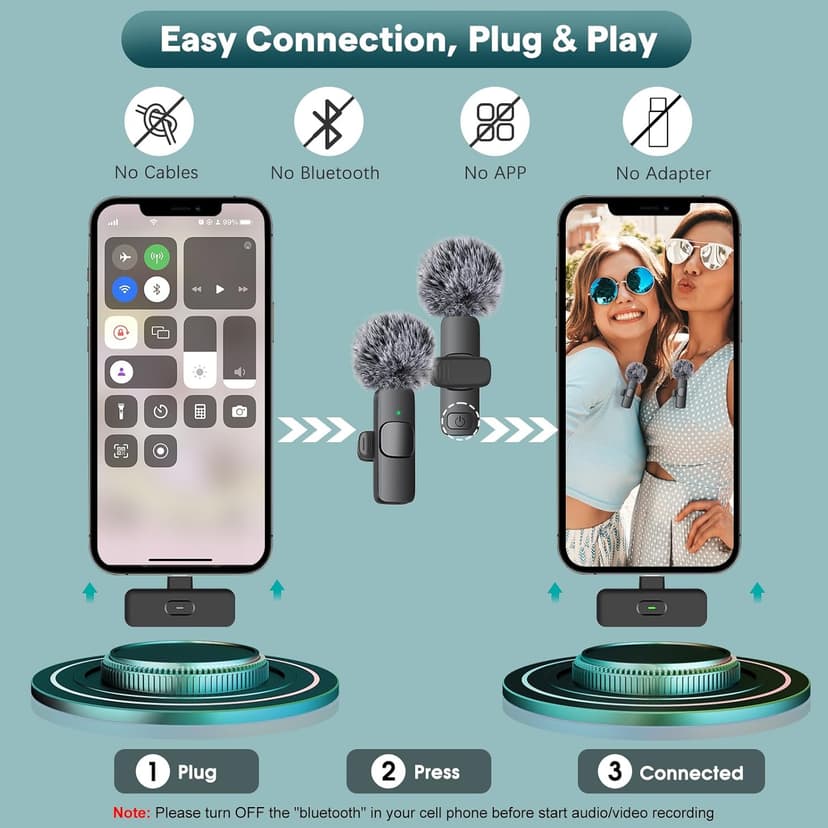 MAYBESTA 2 in 1 Wireless Mini Microphone for iPhone, iPad, Android Phone - Bluetooth Lavalier Lapel Mic for Video Recording - Clip on USB C Microphones for YouTube Tiktok Podcast Vlogging