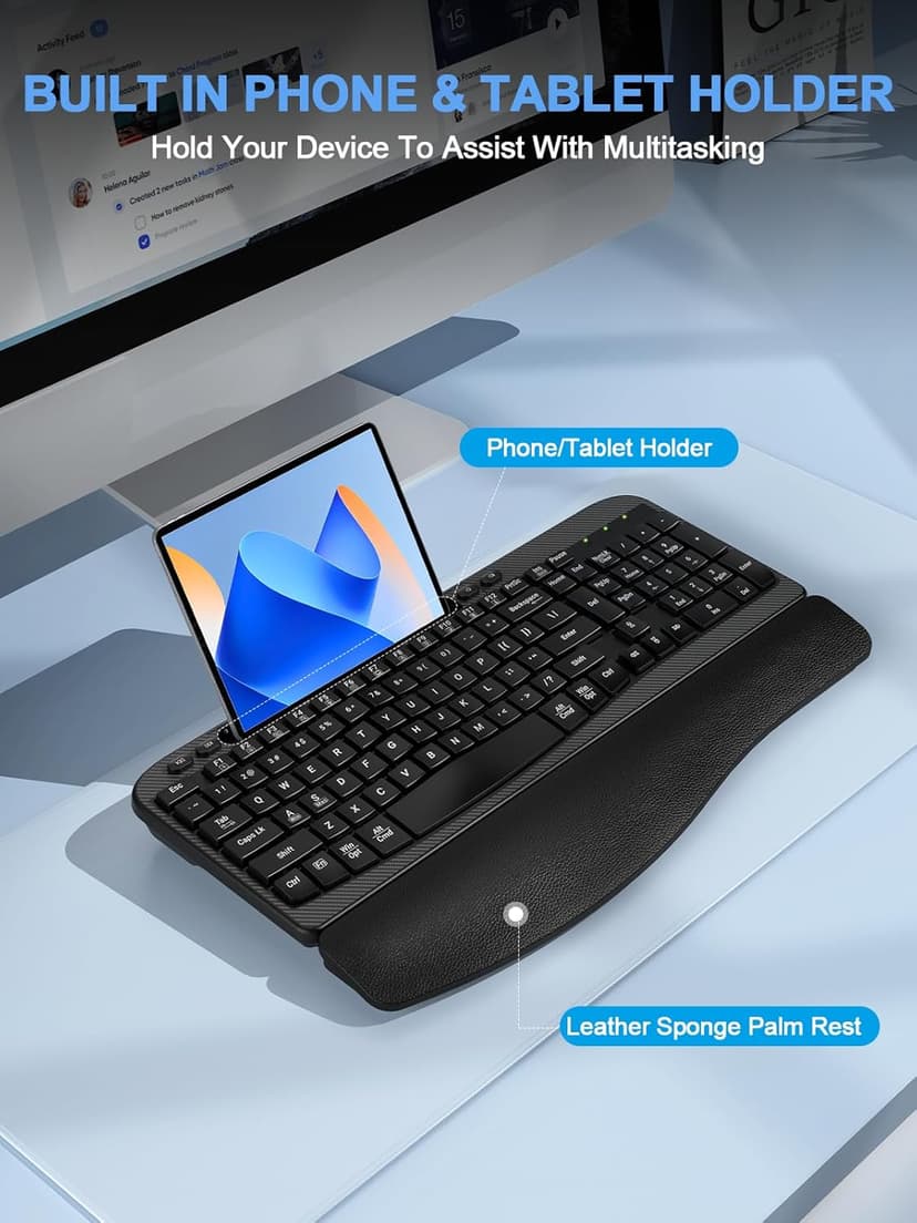 Ergonomic Wireless Keyboard with Cushioned Wrist Rest, Wave Keys, Phone Holder, Comfortable Natural Typing, 2.4GHz Full Size Silent Cordless USB Computer Keyboard for Laptop, Mac, Windows (Black)