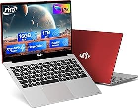NIMO 15.6 IPS FHD-Laptop, 16GB RAM 1TB SSD Intel Pentium Quad Core N100, Computer with Backlit Keyboard Fingerprint (Beat to i3-1115G4 Up to 3.4GHz) Laptops for Student, Win 11 Red