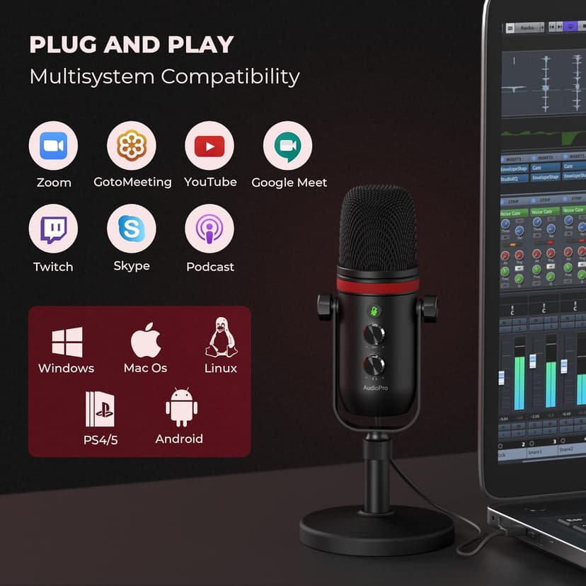 USB Microphone, Computer Condenser Gaming Mic for PC/Laptop/PS4/5, Headphone Output, Volume Control, USB Type C Plug and Play, LED Mute Button, for Streaming, Podcast, Studio Recording