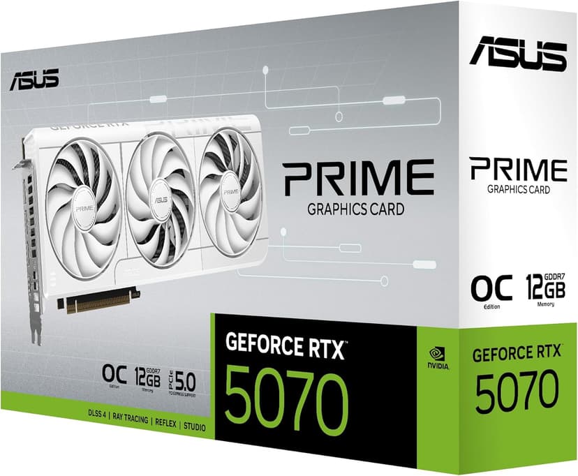 ASUS The SFF-Ready Prime GeForce RTX™ 5070 12GB GDDR7 White OC Edition Graphics Card (PCIe® 5.0, 12GB GDDR7, HDMI®/DP 2.1, 2.5-Slot, Axial-tech Fans, Dual BIOS)