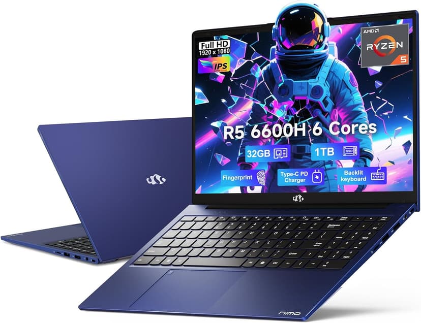 NIMO 15.6" IPS FHD-Gaming-Laptop, AMD Ryzen 5 6600H 6-Cores 660M GPU 32GB DDR5 RAM 1TB SSD(Beat i7-1165G7, Up to 4.5GHz) Computer with 100W GaN Type C Fingerprint Backlit Keyboard Win 11