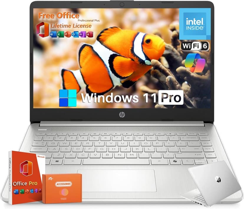 HP 2025 14 inch HD Laptop, Office Pro Lifetime License, Intel Processor N150, 16 GB RAM, 384 GB Storage(128GB UFS+256GB MSD), Copilot AI, Wi-Fi 6, Lightweight, Windows 11 Pro, w/Accessories