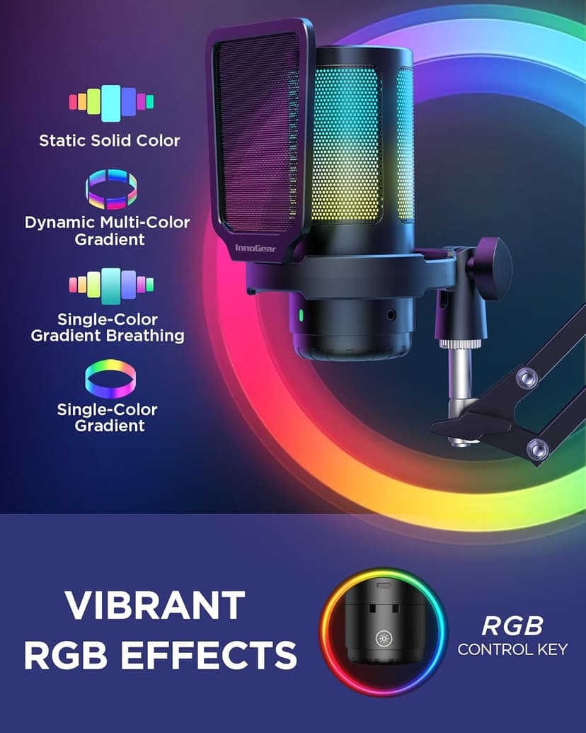 InnoGear Gaming USB Microphone, Noise Cancellation Condenser Mic with Mute, Gain, RGB Indicator, Boom Arm Stand for Streaming, Podcast, Twitch, YouTube, Discord, PC, Computer, PS4, PS5, Mac, Black