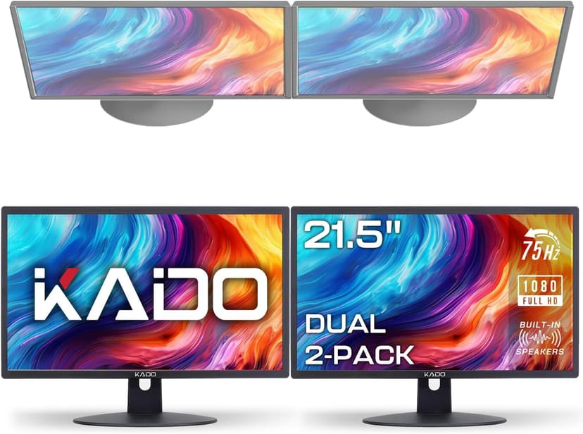 Kado Dual Monitor Setup - 2-Pack 22" 1920x1080 Computer Monitor 75Hz VESA Mount HDMI Office Gaming Hybrid Built-in Speakers (E22 Dual Series)
