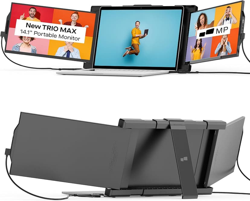 Trio Max 14.1" Mobile Pixels Portable Laptop Monitor(2025 Version), FHD IPS Triple Monitor with Built-in Kickstand, Type-C/USB A Laptop Screen Extender(Optional Magnets), Windows/Android/macOS/Switch