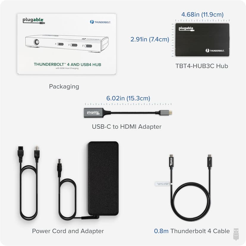 Plugable Thunderbolt 4 Hub | 60W Laptop Charging | 3X Thunderbolt 4 Ports | Dual 4K/Single 8K Displays | USB4 Compatibility - TBT4-HUB3C