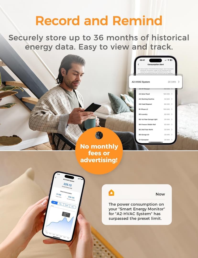 Smart Home Energy Monitor Supports Home Assistant, Real-Time Accurate Energy Consumption Tracking, Electricity Usage Monitor with 16x60A Circuit Sensors, 36-Month History, Solar Metering, 2.4G