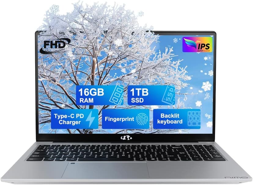 NIMO 15.6 IPS FHD-Student-Laptop, 16GB RAM 1TB SSD Intel Pentium Quad-Core N100 Backlit Keyboard Fingerprint (Beat to i3-1115G4, Up to 3.4GHz) Computer with WiFi 6 Numpad Win 11 Silver