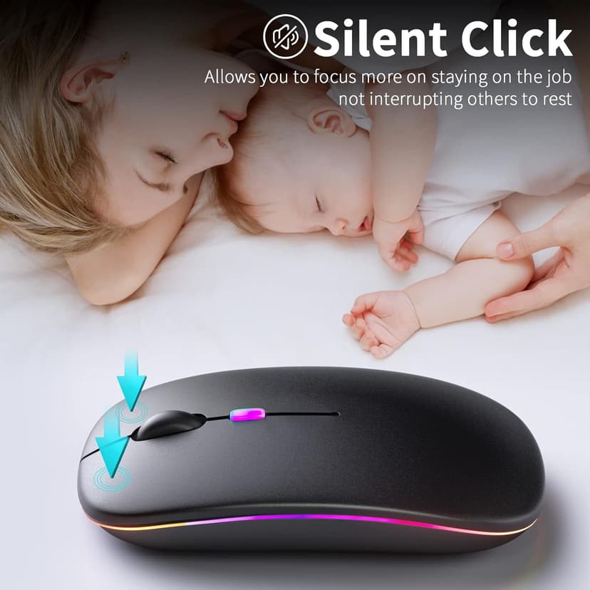 Wireless Bluetooth Mouse – Rechargeable, Silent, Dual Mode (Bluetooth 5.2 & USB) with LED Lights – Portable for Laptop, Desktop, & Tablet(Black)